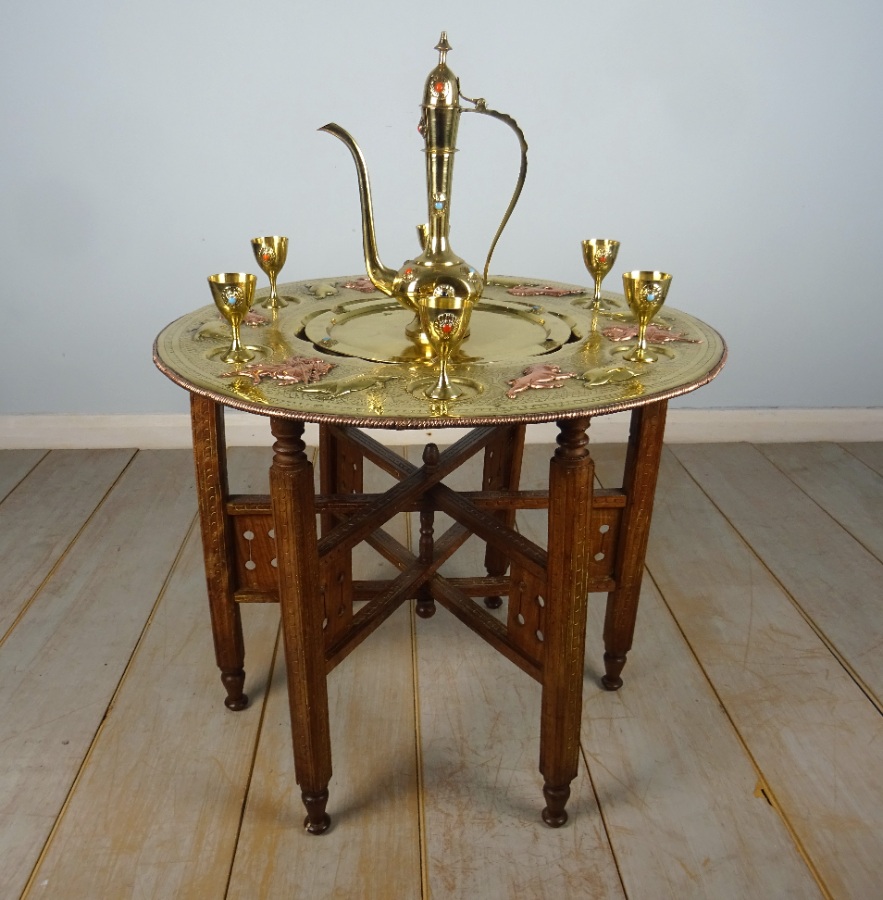 Persian foldable table with complete brass tea service